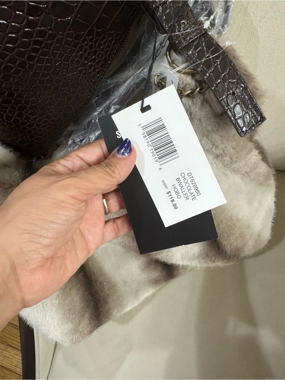 Steve Madden Faux-Fur Hobo with Croc-Embossed Trim - Brown/Beige